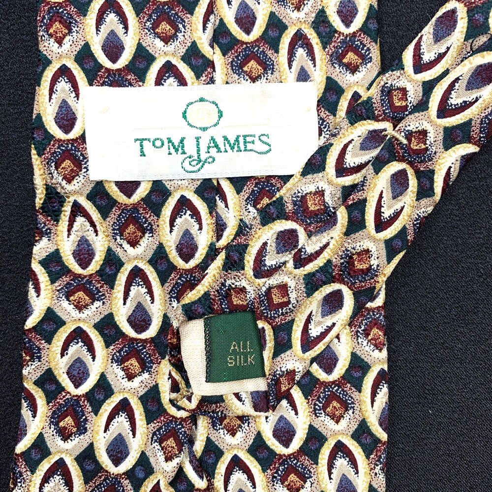 Vtg 80s 90s Tom James Silk Neck Tie Gold Maroon Geometric Wall Art Corpcore Exec